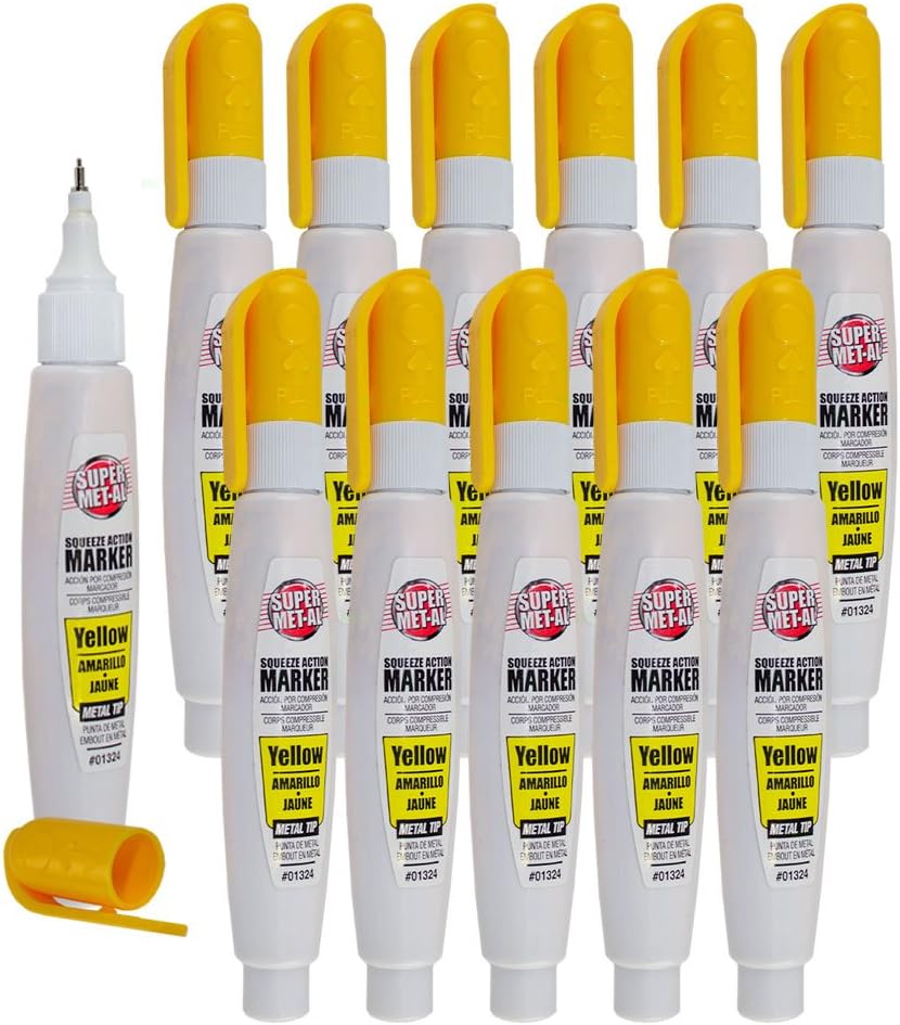 12 Pc Set Yellow Fine Tip Pump Squeeze Super Met-Al Paint Marker Pens Metal Stone Glass Rubber Plastic for Industrial Auto Art Trade AutoAndArt