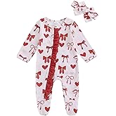 KtwHarnu Newborn Baby Girl Valentines Day Outfit Heart Ruffle Long Sleeve Zipper Footie Romper One-Piece Footed Jumpsuit