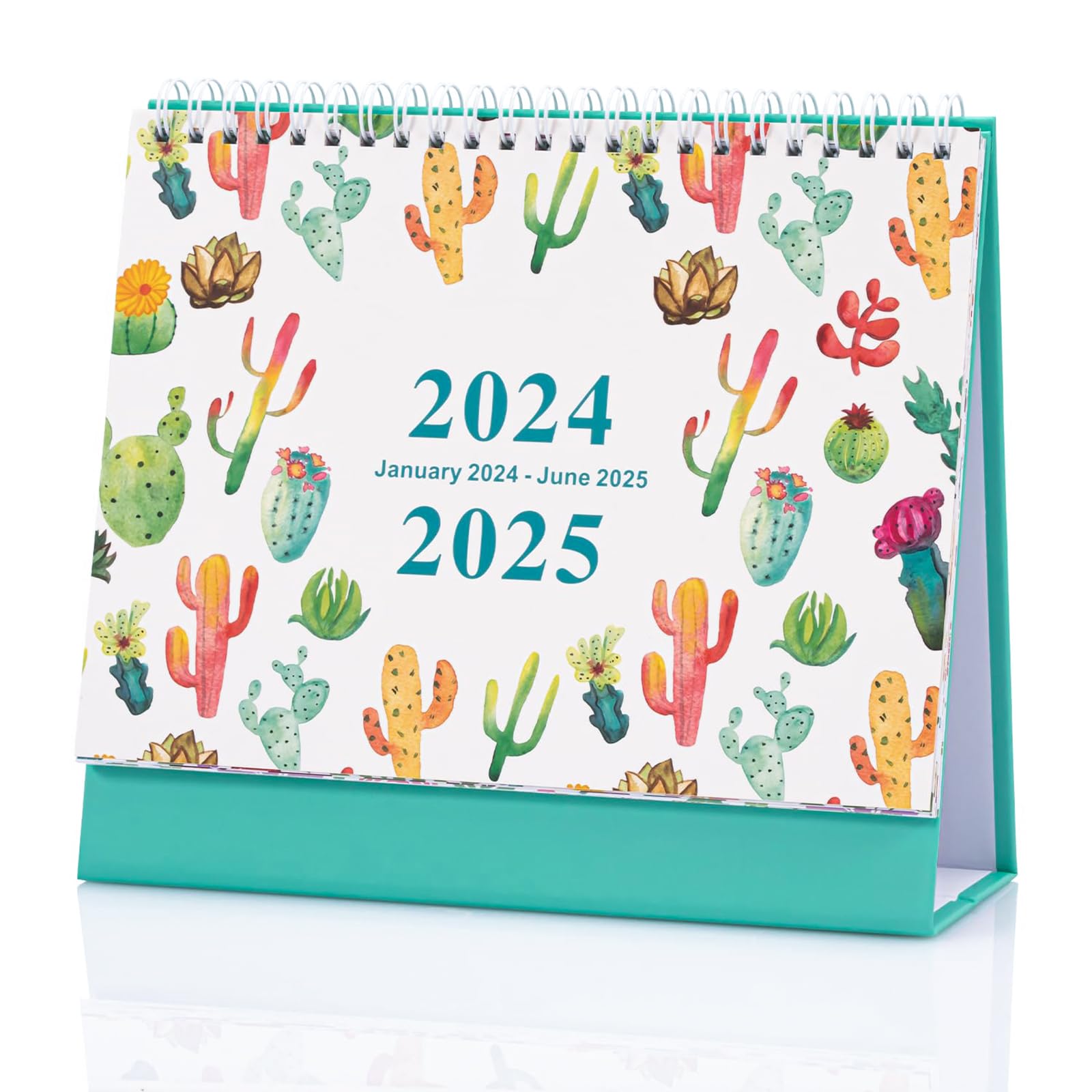 Desktop Calendar January 2024 to June 2025, One Month to View UK Desk Calendar, Portable School Year Planner for Home School Office (Cactus Style)