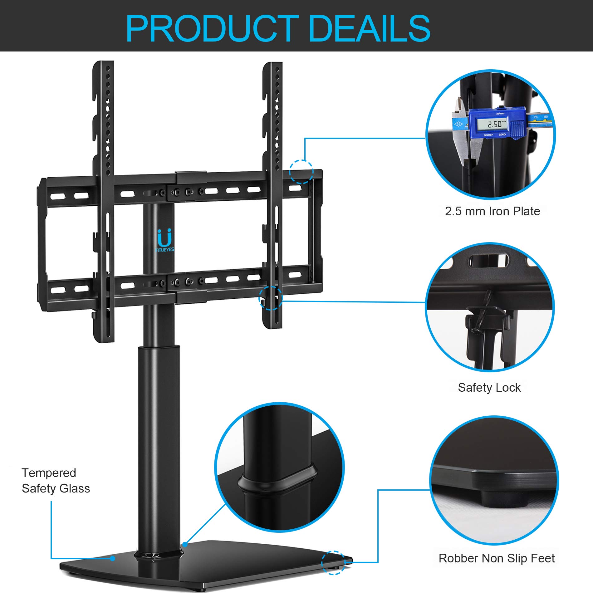 FITUEYES Universal TV Stand/Base Swivel Tabletop TV Stand Mount 32 to 65 inch Flat Screen Tvs/Xbox One/tv Component/Vizio Tv TT107002GB