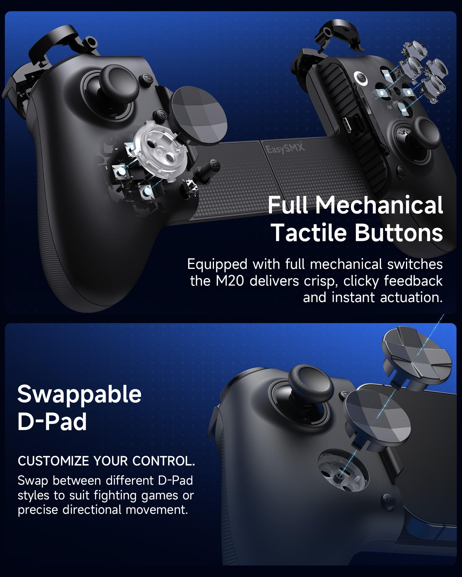 EasySMX M20 Mobile Controller mit USB-C für iPhone, Android-Smartphones und Tablets 8,5", Smartphone Controller mit Hall Effekt-Joystick/Zweistufiger Trigger, Dual Grip Motors-Schwarz 9