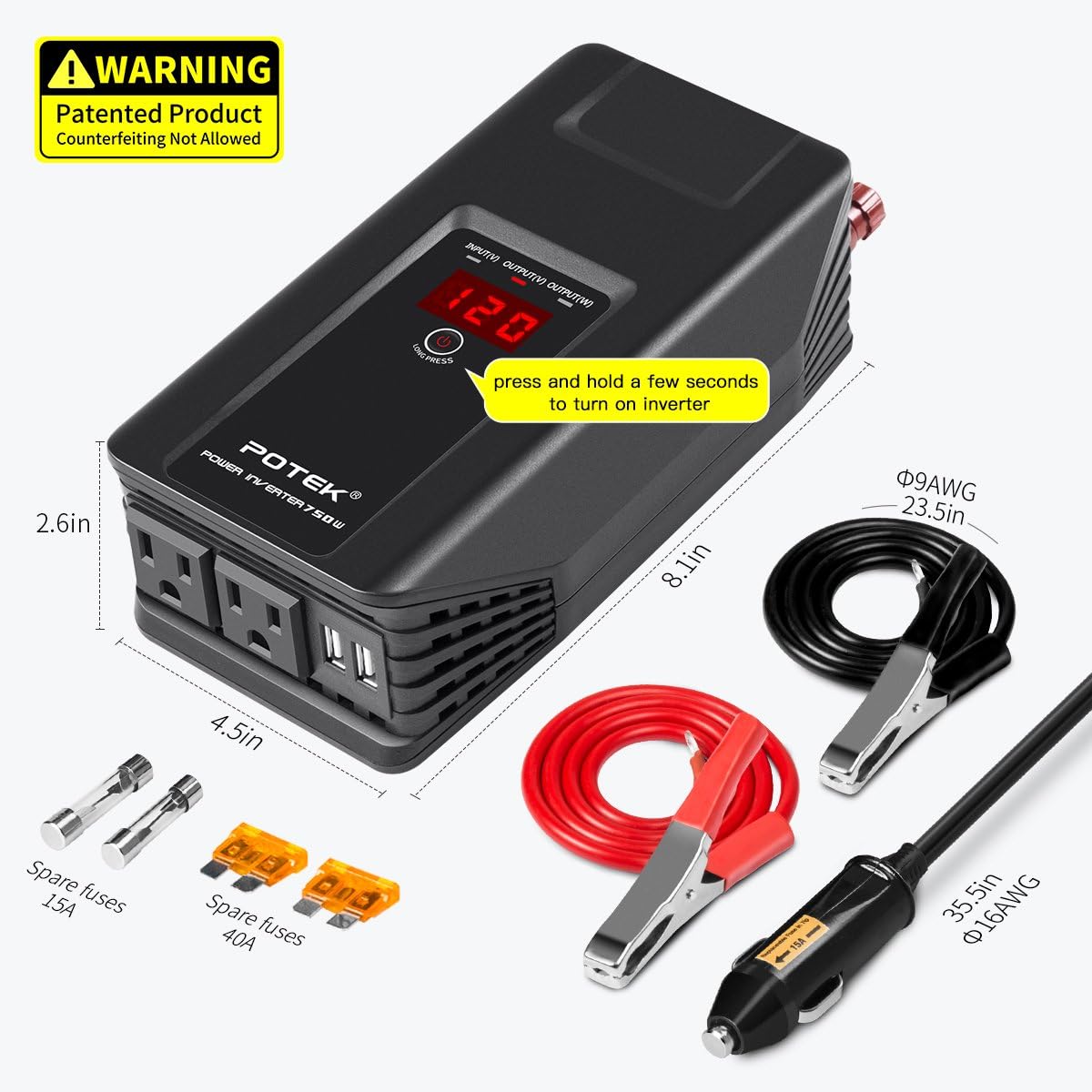POTEK 750W Power Inverter 12V DC to 110V AC Car Adapter with Two USB and AC Charging Ports for Laptop,Tablet, Smartphone,Camera and More: Automotive