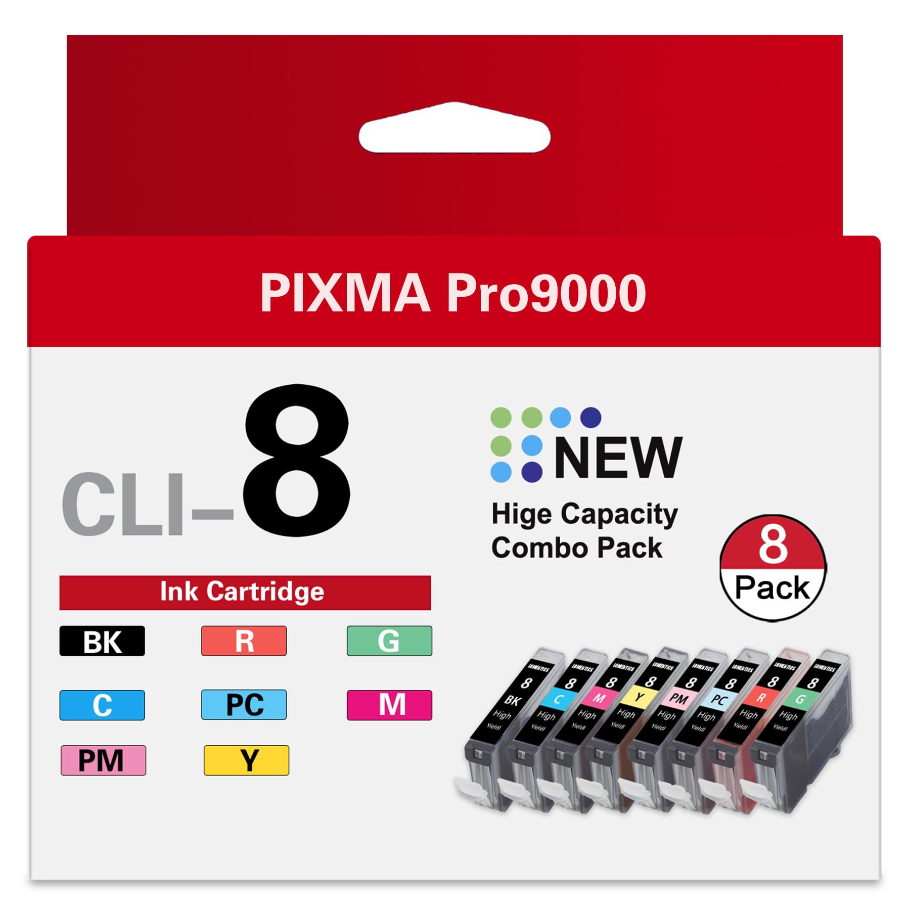 Photo 1 of CLI-8 8 Color Multi Pack Ink Tank (8-Pack,1BK 1C 1M 1Y 1PC 1PM 1R 1G) Vowdic Compatible Replacement for Canon CLI-8 Ink Cartridges with Pixma Pro9000 and Pro9000 Mark II Printer