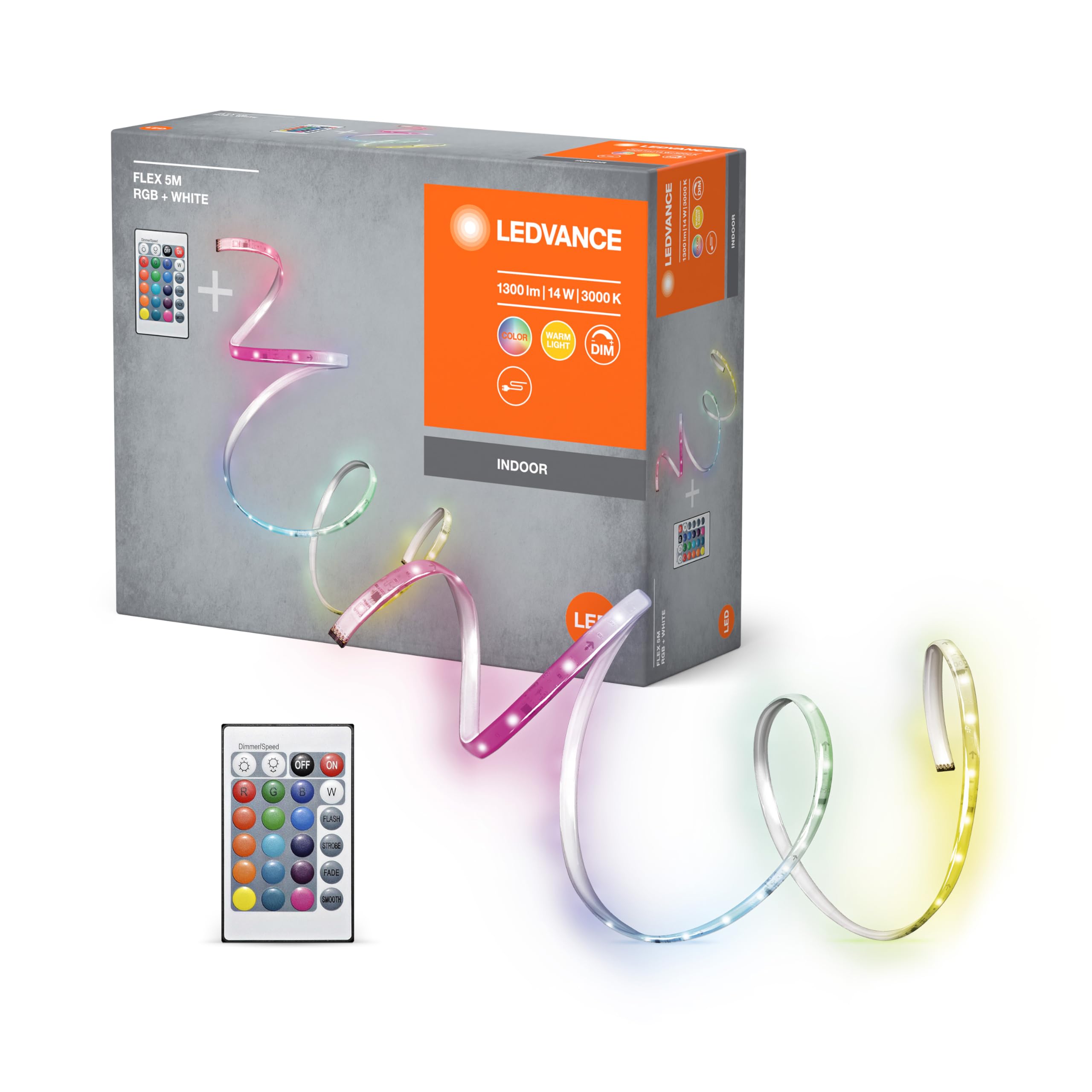 LEDVANCE Flex 5M Led Strip Rc, White, 14W, 900Lm, Warm White Light, Integrated Sound Receiver, RGB Color Sensor, Remote Control, Long Life, Easy to Install, Ip20