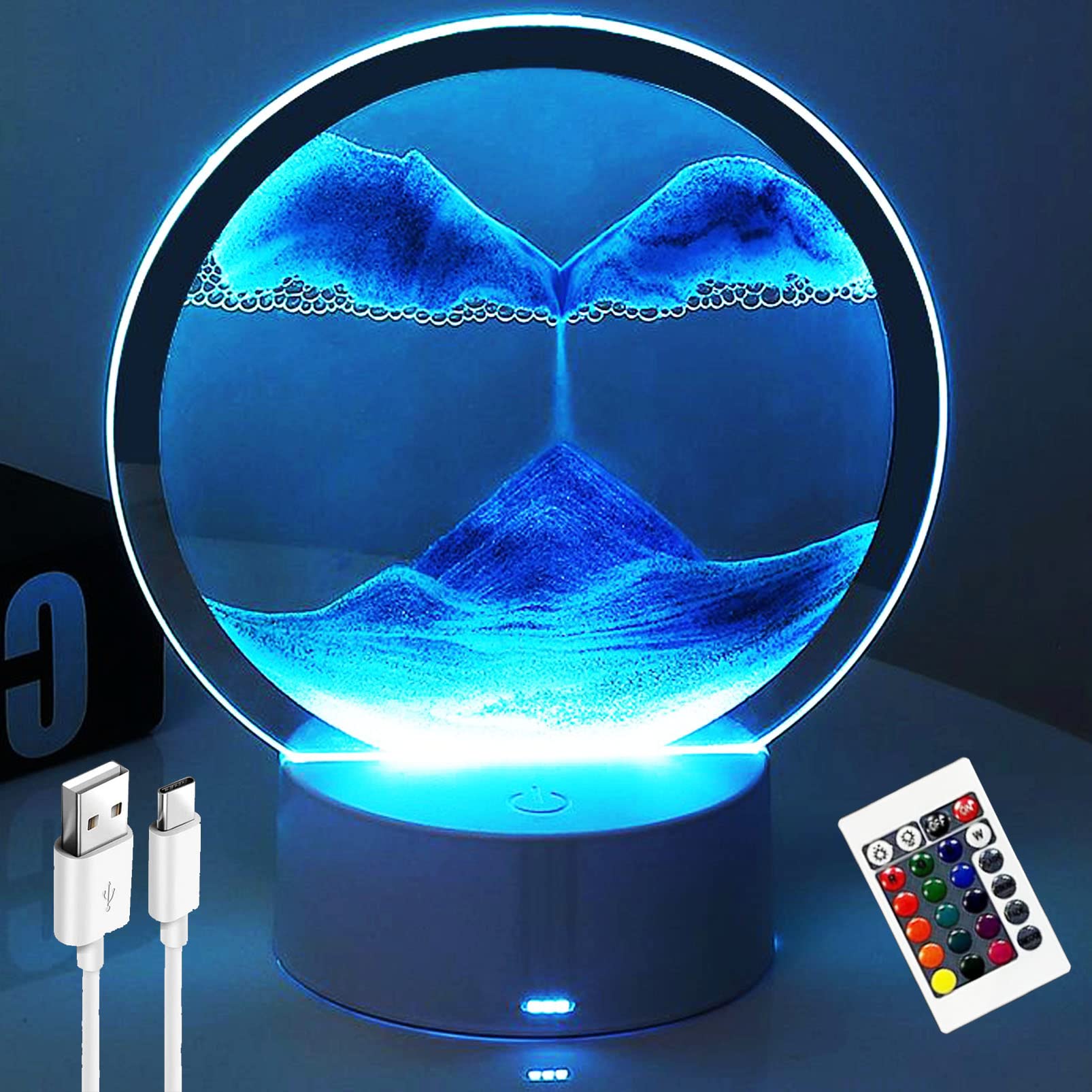 Photo 1 of Desniltol 3D Moving Sand Art with Remote Control, 360° Rotating Hourglass Lights, RGB Color Changing Table Lamp,Sand Art Liquid Motion Colorful Creative Sea Glass Quicksand Painting Night Light(Blue)
