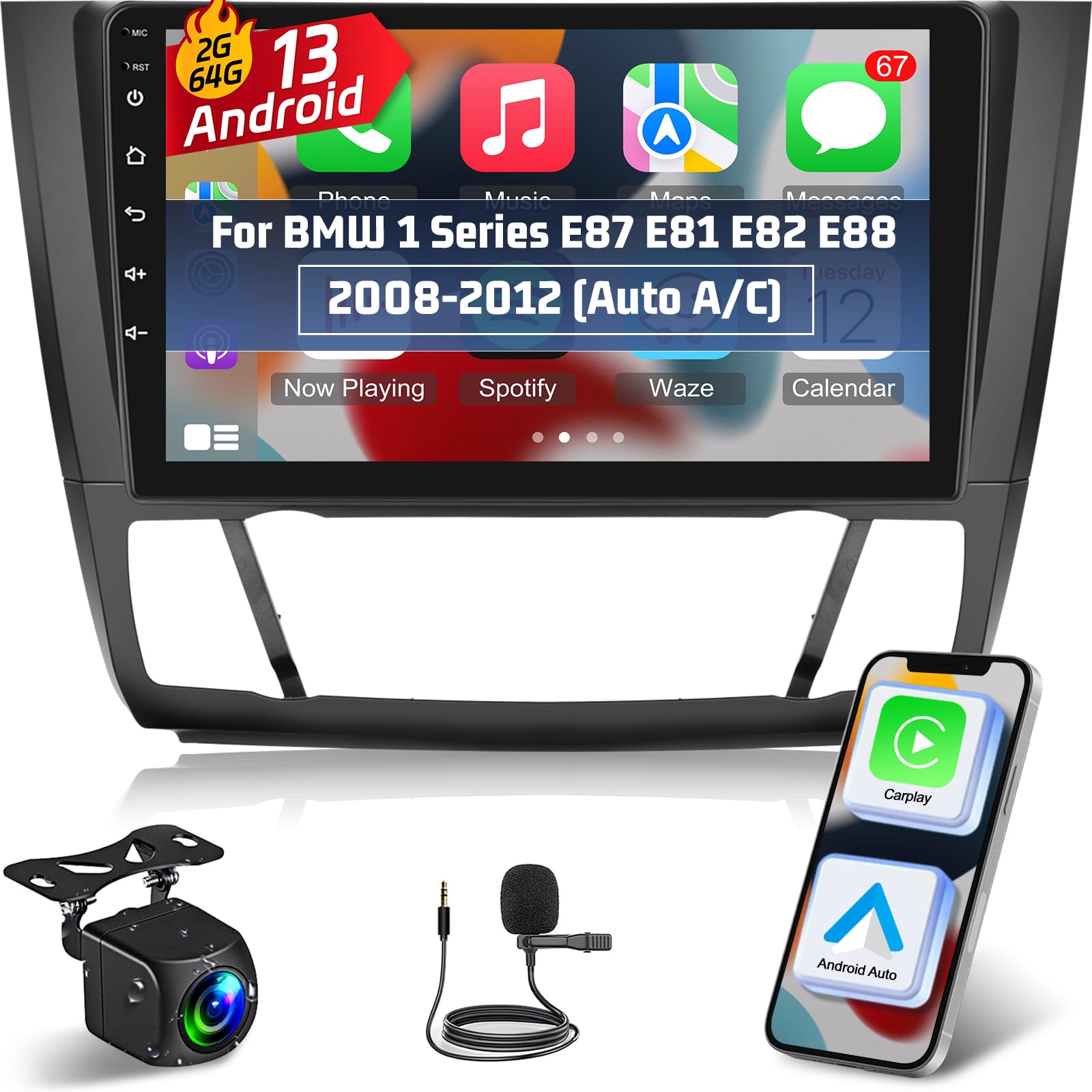 Photo 1 of NHOPEEW [2+64G] Car Stereo for BMW 1 Series E87 E81 E82 E88 2008-2012 (Auto A/C) - 9 Inch Touchscreen Android Car Radio with Wireless Carplay and Android Auto/DSP/GPS/SWC + AHD Backup Camera