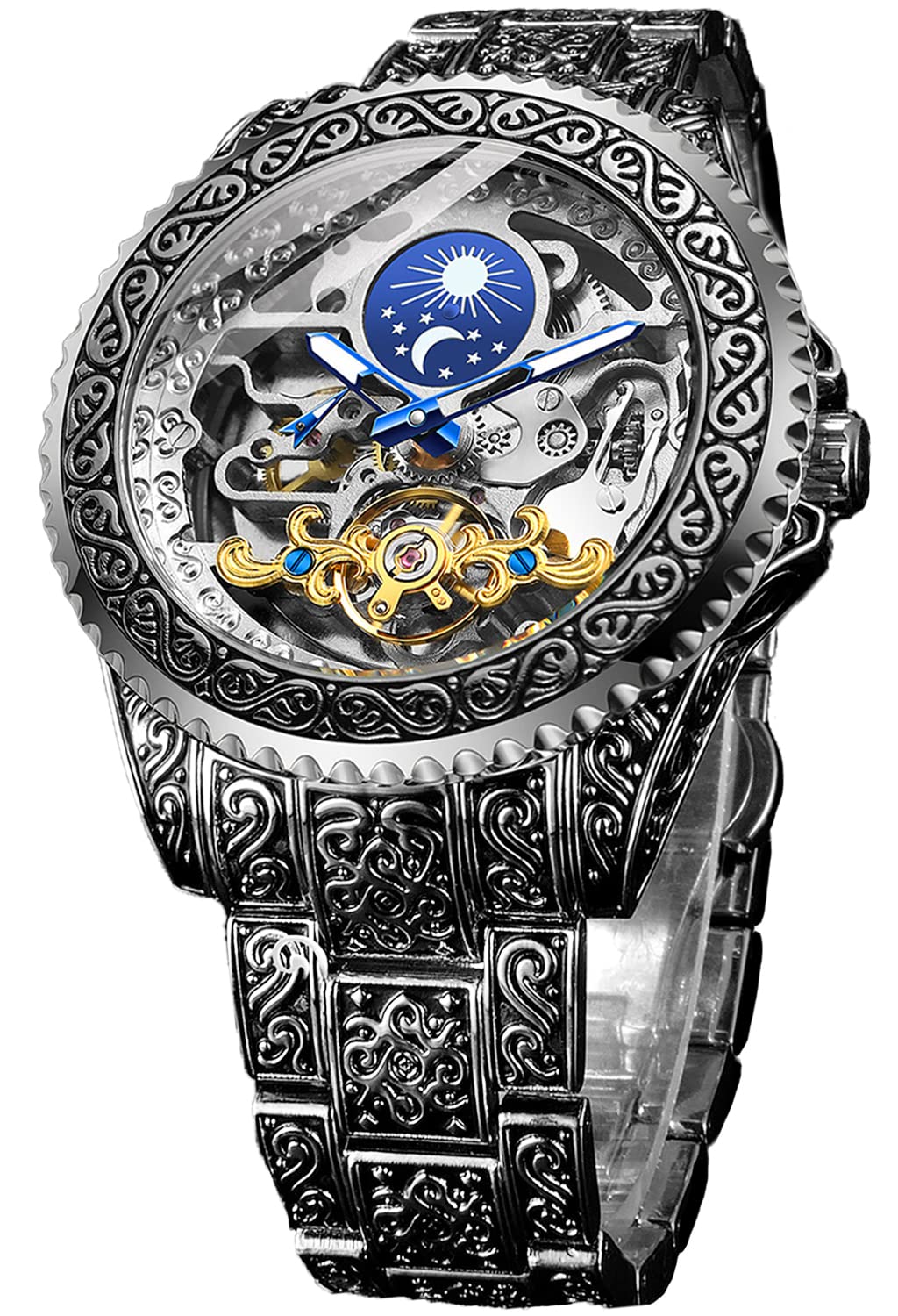 FORSINING Retro Watch for Men Carved Self-Wind Mechanical Tattoo Tourbillon Moon Phase Independent Seconds Skeleton Automatic Big Dial Wrist Watches,Silver