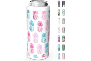 TILUCK Skinny Can Cooler for Slim Beer & Hard Seltzer, Stainless Steel, Doucle-Walled Stainless Steel Insulated Slim Cans, Standard 12 oz (Pineapple 01)