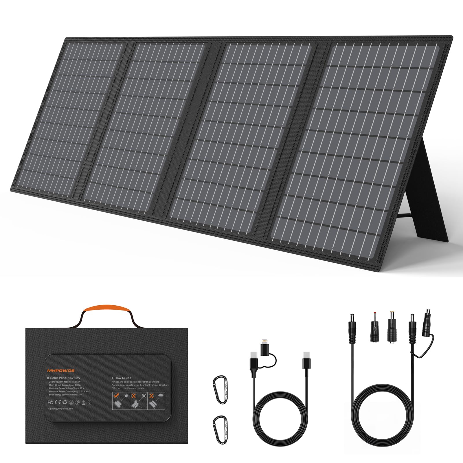 MHPOWOS 60W Tragbares Solarladegerät mit Ständer, Faltbares Solarpanel mit USB-C, USB-A und DC-Ausgängen, für Camping, Wandern, Notstromversorgung für Kleine Stromgeneratoren, Telefone, Powerbanks