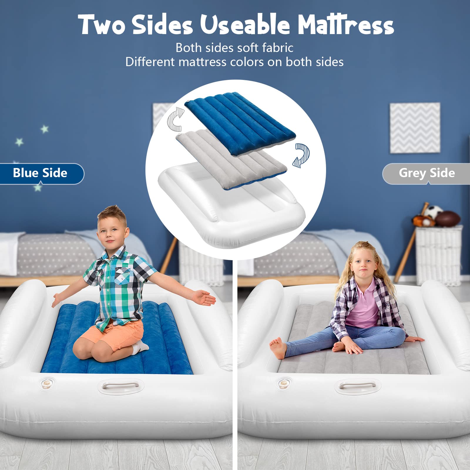 Inflatable Toddler Travel Bed, Portable Toddler Bed | Kids Air Mattress with Sides | Reversible 2 Colors Kids Blow Up Mattress -Navy Blue & Grey