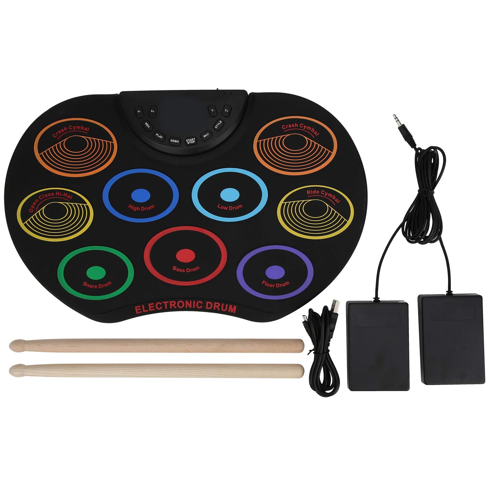Electronic Drum Set Mini Drum Practice Pad Portable Colored Hand-Rolled Drum Pad with Built-in Speaker Drum Pedals Drum Sticks for Adult Beginner Percussion Instrument