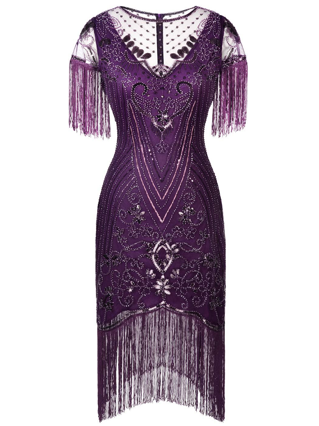 Photo 1 of FAIRY COUPLE Women's 1920s Lace Neck Great Gatsby Dress Sequin Art Deco Flapper Dress with Sleeve D20S028 XL Purple