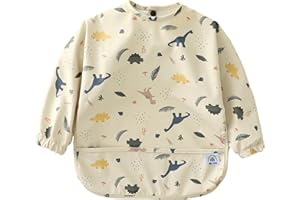 ARI MES Long Sleeves Waterproof Baby Bibs for Eating - Dinosaur, Medium- Wearable, Coverall for Toddler, Long Sleeve Bib, Smock Apron for Feeding - Applicable for 6-72 Months