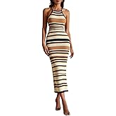 GORGLITTER Women's Crochet Halter Bodycon Maxi Dress Backless Striped Casual Summer Beach Hawaiian Sundresses Classy
