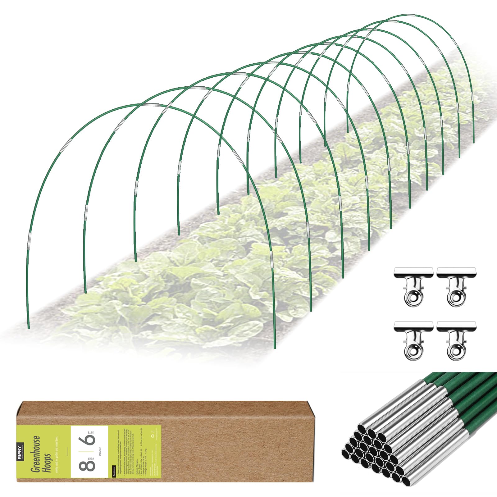 Photo 1 of 60 PCS Garden Hoops for Raised Beds, Rifny 10 Sets Greenhouse Hoops Kit of 8 FT Long Grow Tunnel, Rust-Free Fiberglass Garden Support Poles for Insect Mesh Netting Freeze Plant Cover (Green)