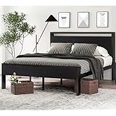 SHA CERLIN 14 Inch Queen Size Metal Platform Bed Frame with Wooden Headboard and Footboard, Mattress Foundation, No Box Spring Needed, Large Under Bed Storage, Non-Slip Without Noise, Black Oak