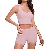 Eyanse Pajama Sets for Women 2 piece,Ribbed Knit Crop Top and Shorts Pj Set Lace Trim Lounge Set