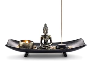 Jovivi Zen Garden Set Buddha Statue w/Tealight Candle Holder, Rocks & Incense Burner Holder & Wood Tray for Yoga Meditation Home Table Decor Gift