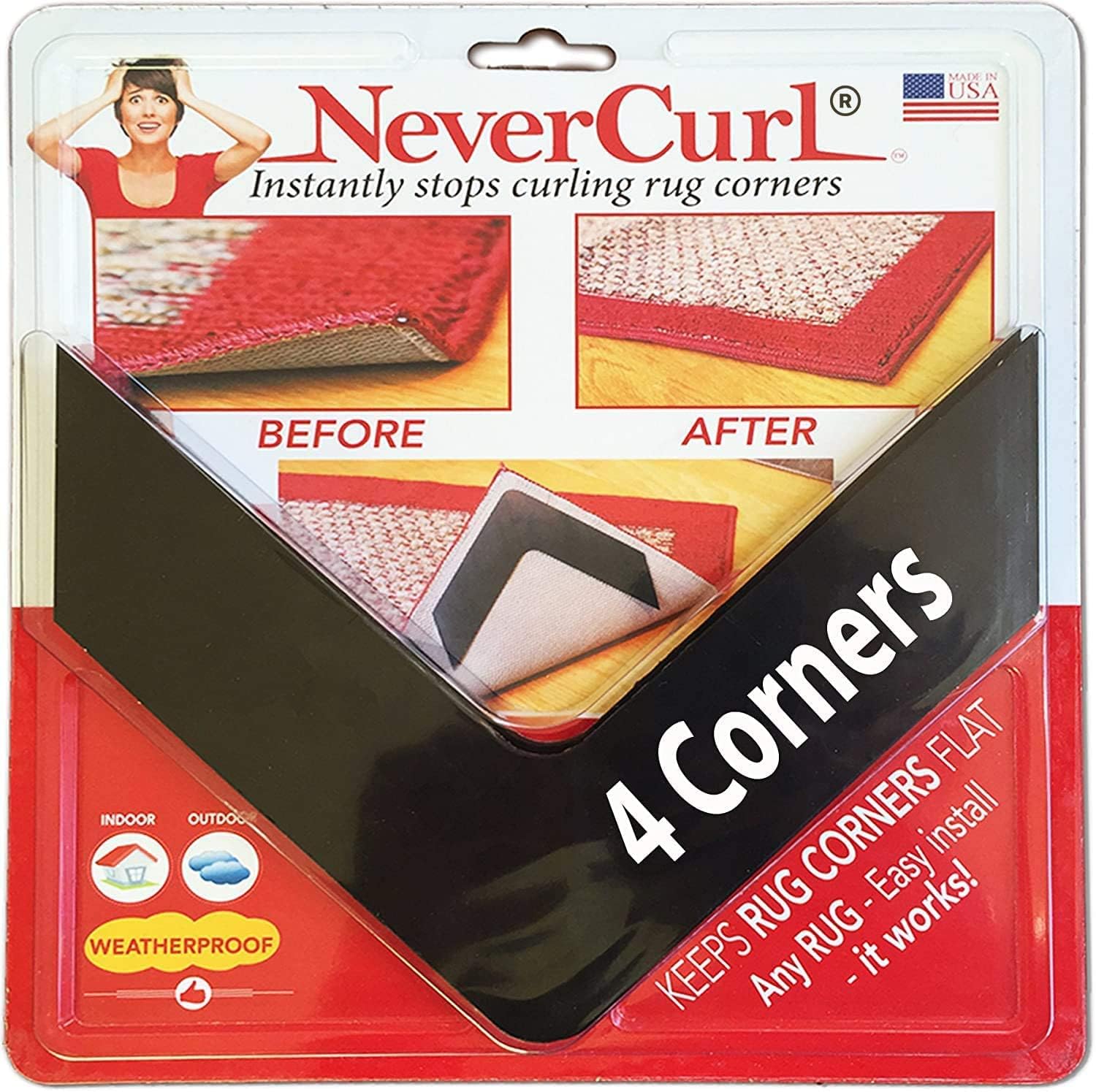 Rugs, Pads & Protectors - NeverCurl 4-Pack V Shape Rug Corner Grippers - Rug Gripper for Hardwood Floors and Outdoor Surfaces - Stops Curling Corners - Safe Carpet Tape Alternative - Works on Rug Corners Indoors