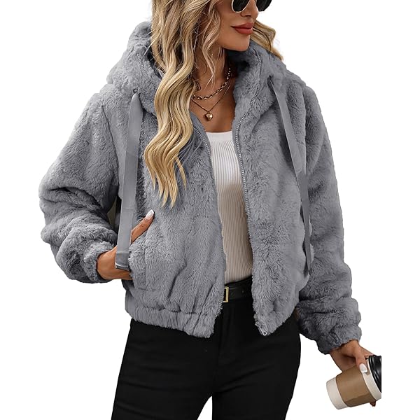 FANCYINN Womens Teddy Cropped Faux Fur Jacket Furry Lapel Coat Zip