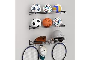 Ball Holder Wall Mount Garage Sports Equipment Organizer 3 Separate Wall Ball Storage Rack with 6 Hooks for Basketball Footba