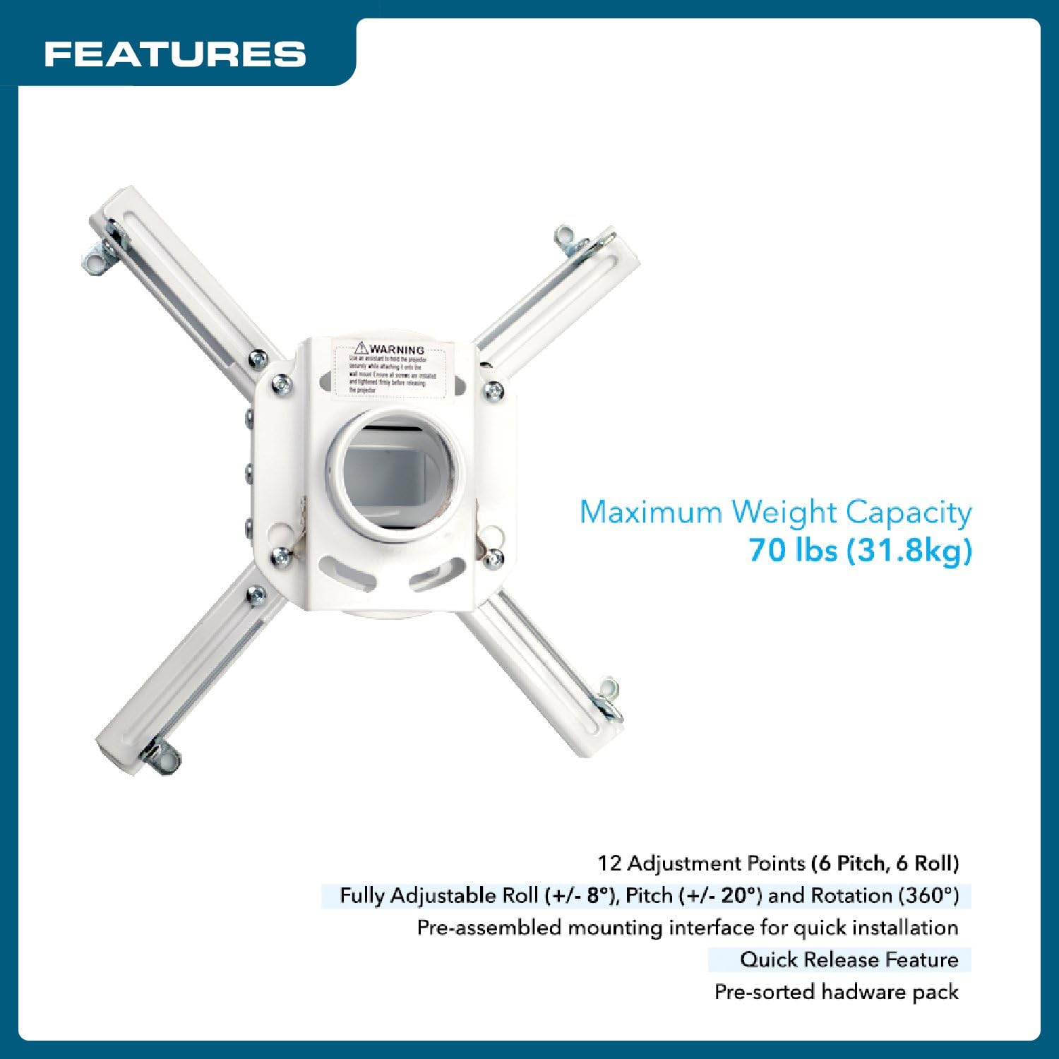 QualGear Pro-AV QG-KIT-CA-3IN-W Projector Mount Kit Accessory Single Joist Ceiling Adapter, 3" 1.5", White: Electronics