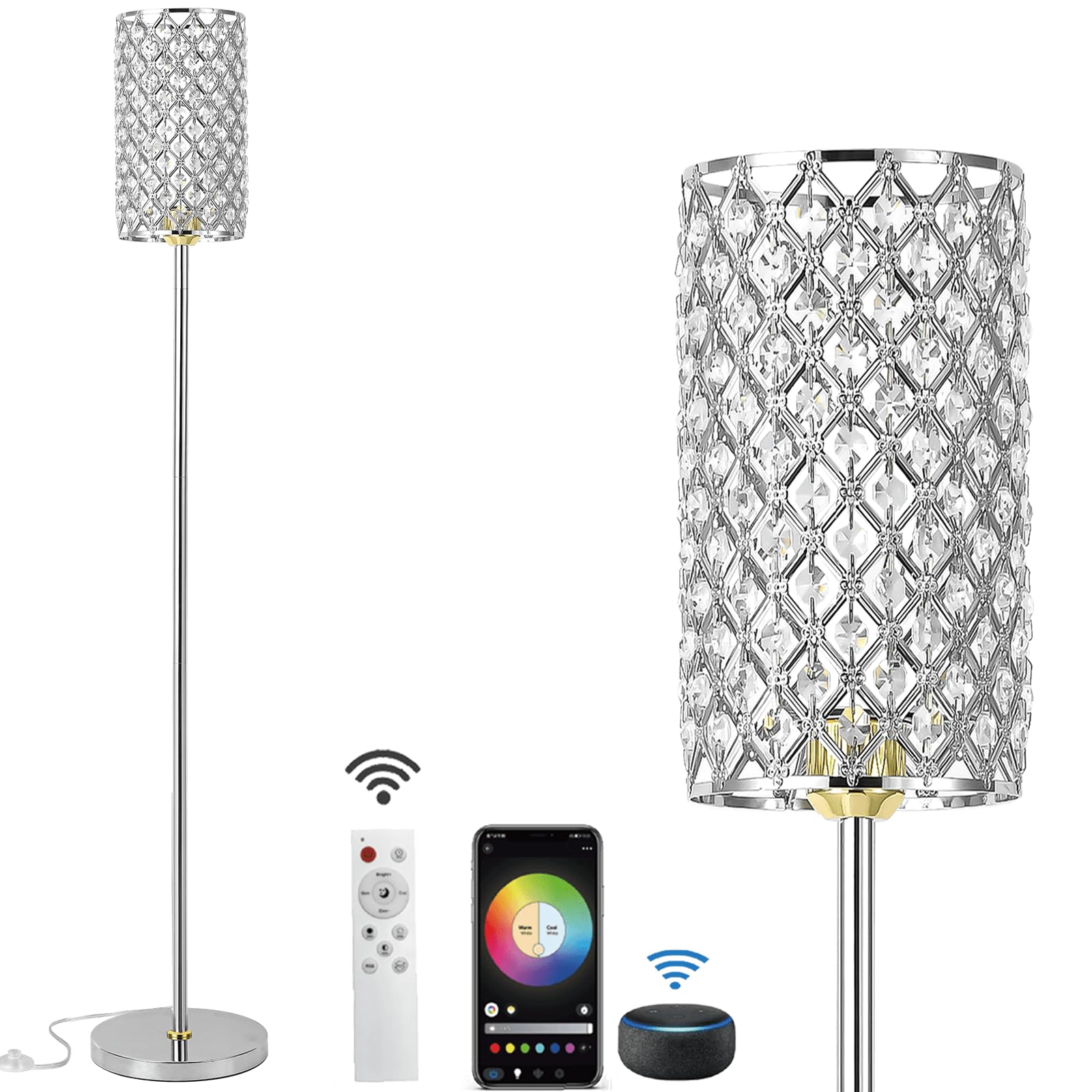 Photo 1 of EMORLO Crystal Floor Lamp with Remote Control, Smart Crome Silver Floor Lamps for Living Room with Bulb Included, Crystal Standing Lamp Silver Home Décor Floor Lamp for Bedroom