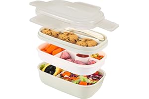 Caperci Stackable Bento Box Adult Lunch Box - 3 Layers All-in-One Lunch Containers with Multiple Compartments for Adults & Kids, 55 oz Large Capacity, Built-in Utensil Set & BPA Free (White)