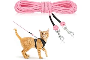 Rypet Reflective Cat Long Leash 15 FT Escape Proof Walking Leads Yard Long Leashes Durable Safe Personalized Extender Leash Traning Play Outdoor for Kitten, Puppy, Rabbit and Small Animals(Pink-S)