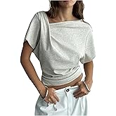 SHENHE Women's Short Sleeve Dolman Top V Neck Asymmetrical Ruched Cinched Waist Top Tee