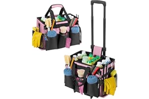Housolution Rolling Cleaning Caddy Bag with Detachable Trolley, Professional Portable Large Cleaning Bag with Wheels, Home Organiser Wearable Cleaning Supply Bag on Wheels for Housekeepers, Pink