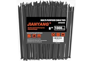 JIANYANG 8 Inch Zip Ties Double Sided Toothed (Bulk 1000 Pack Black),65lbs Tensile Strength Heavy Duty Cable Wire Ties with Self-Locking Adjustable Nylon Tie Wraps for Indoor Outdoor (Patented Design)