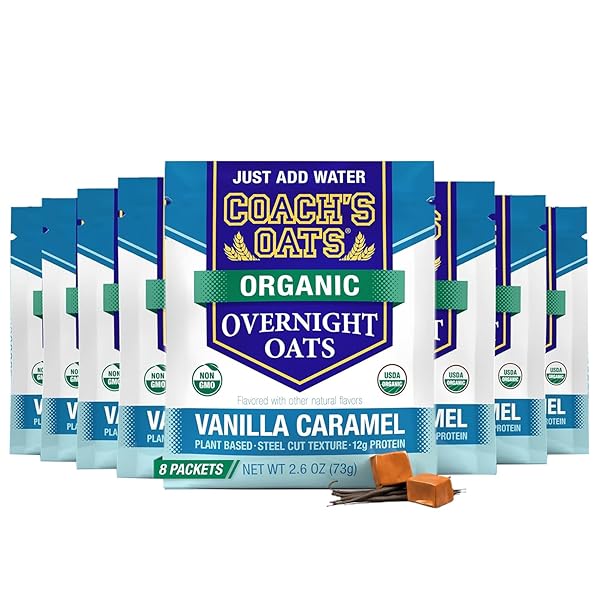 COACH’S OATS ORGANIC OVERNIGHT OATS VANILLA CARAMEL – 8 PACKETS, 2.6OZ | JUST ADD WATER, STEEL-CUT TEXTURE, 100% VEGAN | NON-GMO, PLANT-BASED 12G PROTEIN | DESIGNED TO FUEL THE ATHLETE IN YOU!