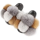 JINHANGRUI Women's Real Fox Fur Slides, Open-Toe Sandals, Indoor and Outdoor Non-Slip Slippers, Soft Pompom