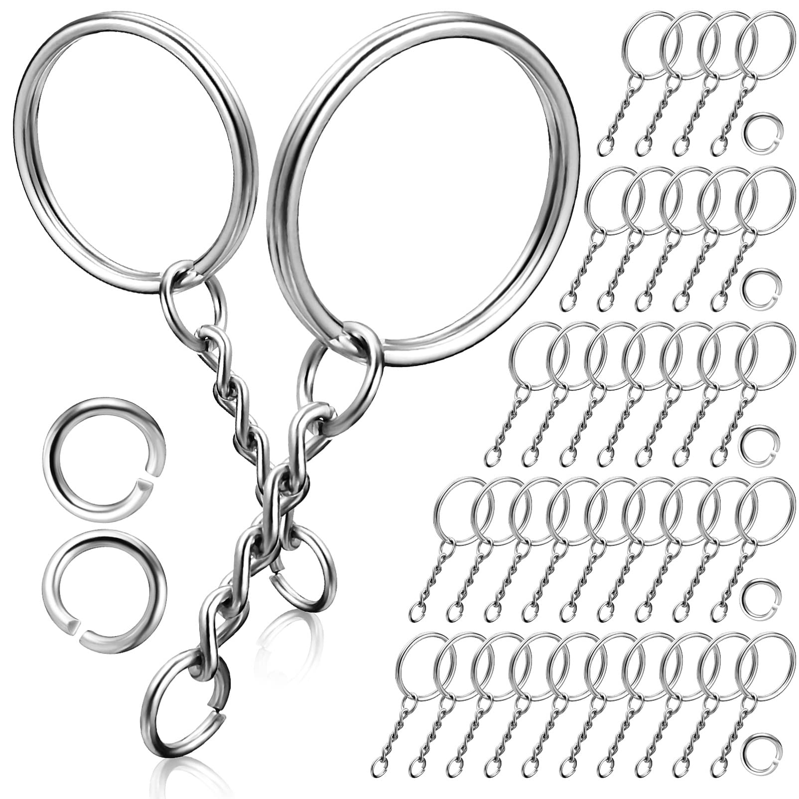 120 Sets Key Ring with Chain and Open Jump Split Key Ring with Chain Flat Key Chain Rings Kit in Rings Kit