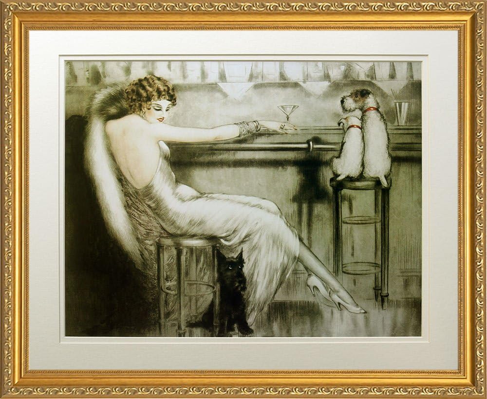 Louis Icart - Le Cocktail - Lady with dogs - Art Print Poster Framed and Matted (22 x 18", real wood Gold frame #15)