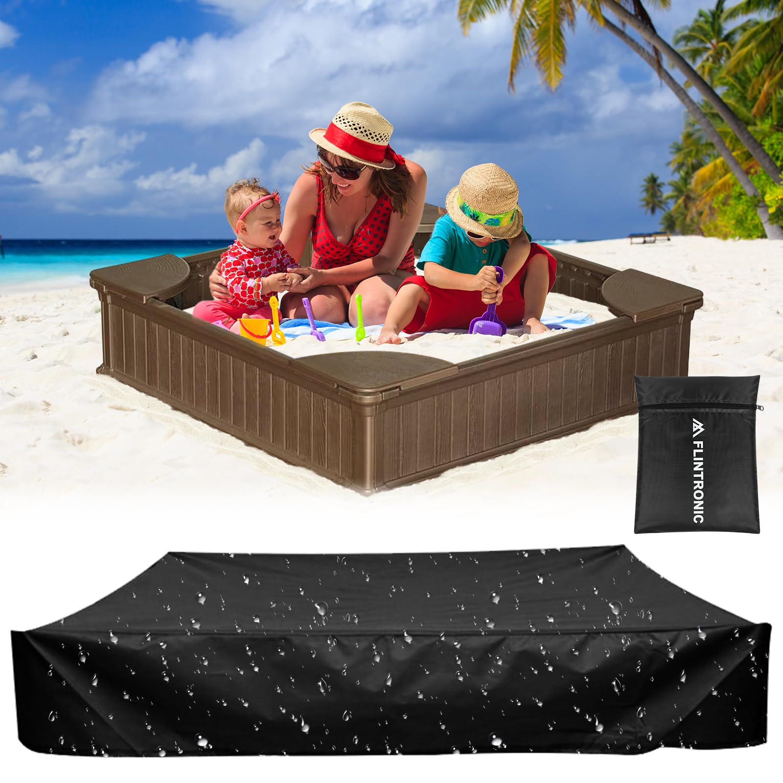 flintronic Sandbox Cover Square, Sandpit Covers Waterproof with Drawstring, Waterproof Sand Pit Cover Dustproof Protection, Oxford Cloth Sandbox Cover for Sandpit and Furniture, 200x200cm - (Black)