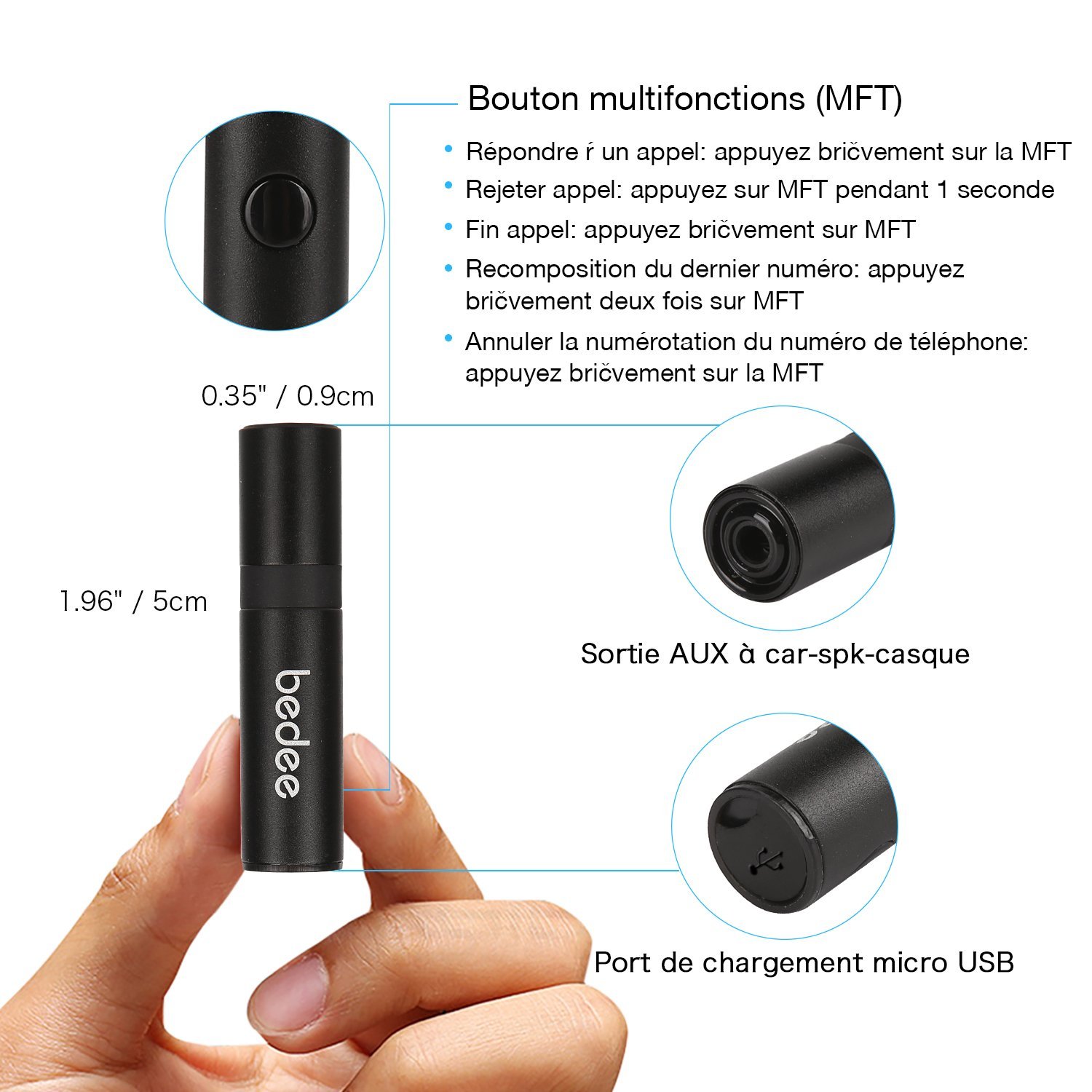 Récepteur Bluetooth 4.1 Voiture, bedee Mini Adapteur Audio, Kit Voiture Mains Libres avec Sortie Stéréo Compatible avec le Système Audio 3.5mm Jack pour Maison / Casque / Téléphone / PC / Tablette / Véhicule
