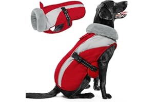 Queenmore Winter Dog Coat, Parka Jacket for Large/Extra Large Dogs, Extra Warm Padding Fleece Puffy Jacket Outdoor Waterproof Cold Weather Coats, Red/Grey XL