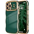 LCHULLE for iPhone 15 Pro Case for Women Girls, Cute Wave Frame Curly Shape with Love Heart Pattern Raised Camera Protection Cover Luxury Plating Shockproof Phone Case for iPhone 15 Pro, Dark Green