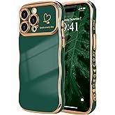 LCHULLE for iPhone 14 Pro Max Case for Women Girls, Cute Wave Frame Curly Shape with Love Heart Raised Camera Protection Cover Luxury Plating Shockproof Phone Case for iPhone 14 Pro Max, Dark Green