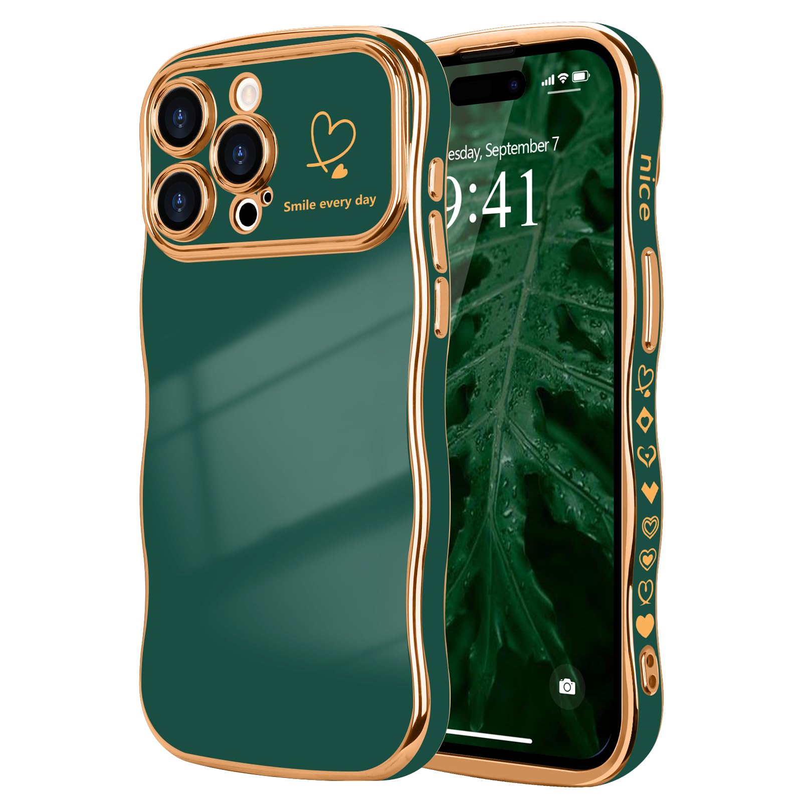 LCHULLE for iPhone 15 Pro Max Case for Women Girls,Cute Curly Wave Frame Shape Love Heart Pattern Phone Case,Raised Camera Protection Plating Shockproof Cover for iPhone 15 Pro Max 6.7",Dark Green — image 1