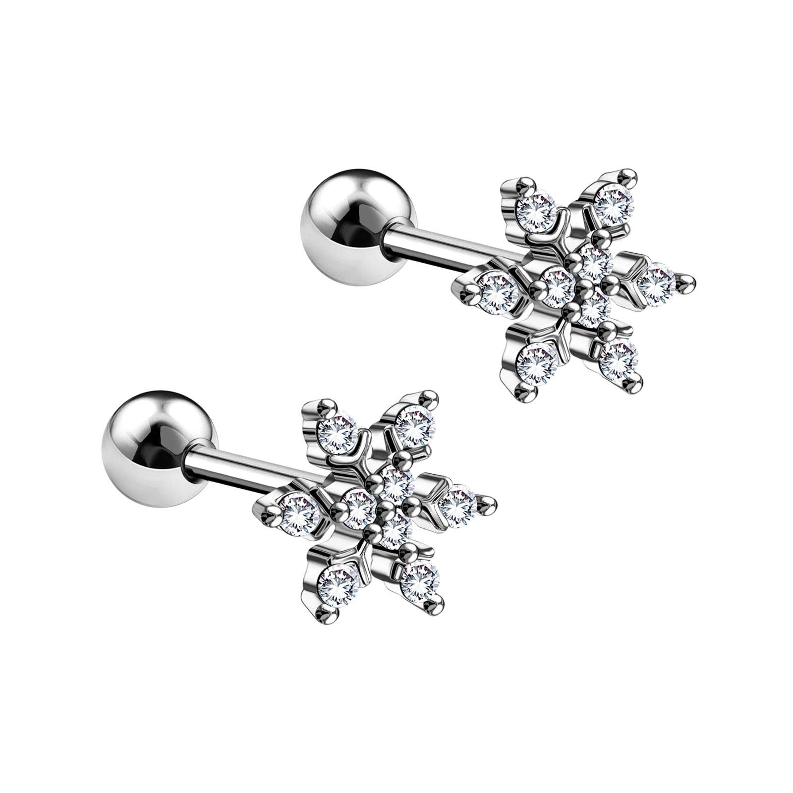 BanaVega 2PCS Surgical Steel Snow Flake Clear Crystal Ear Stud 16g 1/4 6mm Tragus Cartilage Helix Earrings Piercing Jewellery 5699