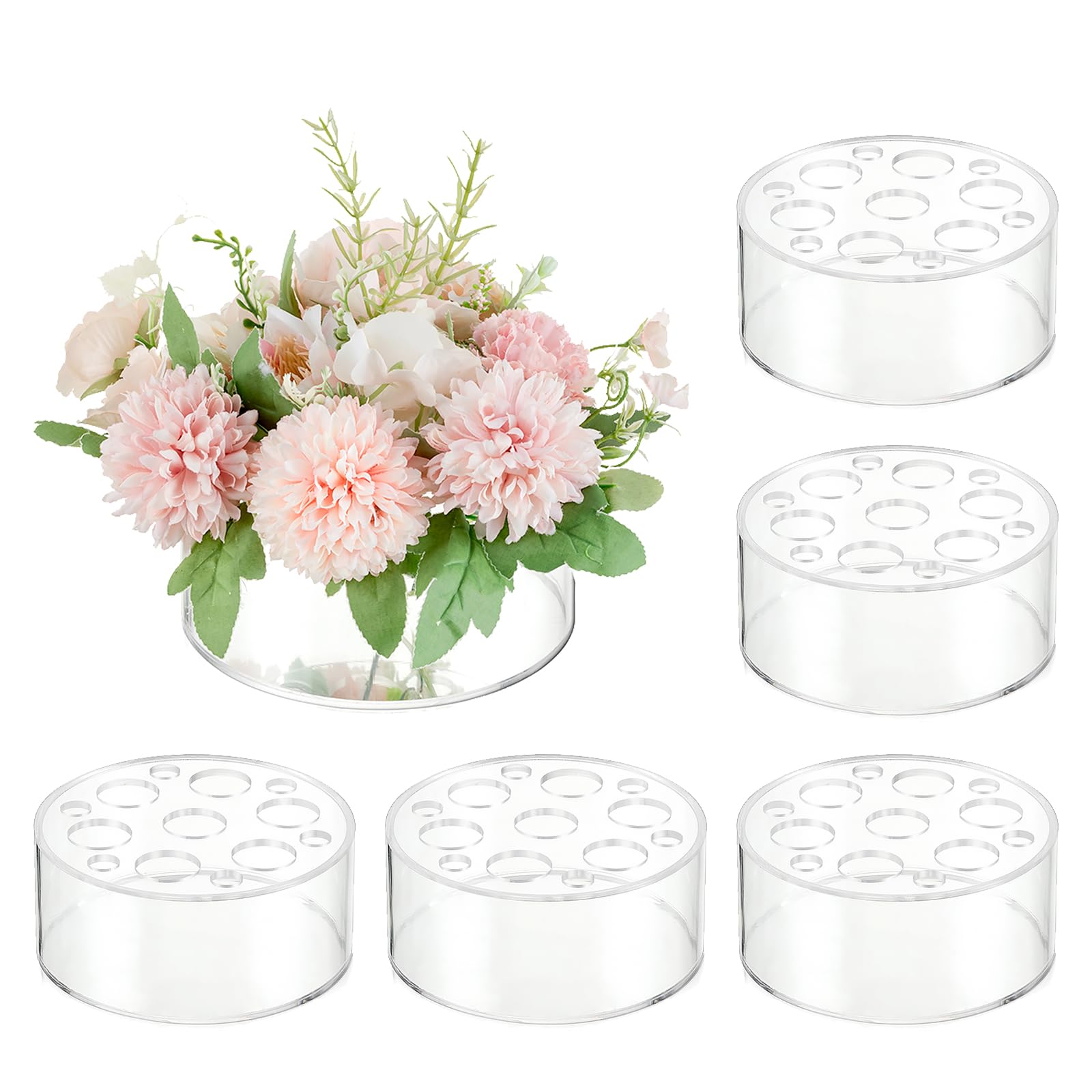 Photo 1 of Glasseam Acrylic Flower Vase for Centerpieces: Set of 6 Wedding Party Dining Room Table Decorations, Cylinder Round Clear Vases with 13 Holes (5.9in)
