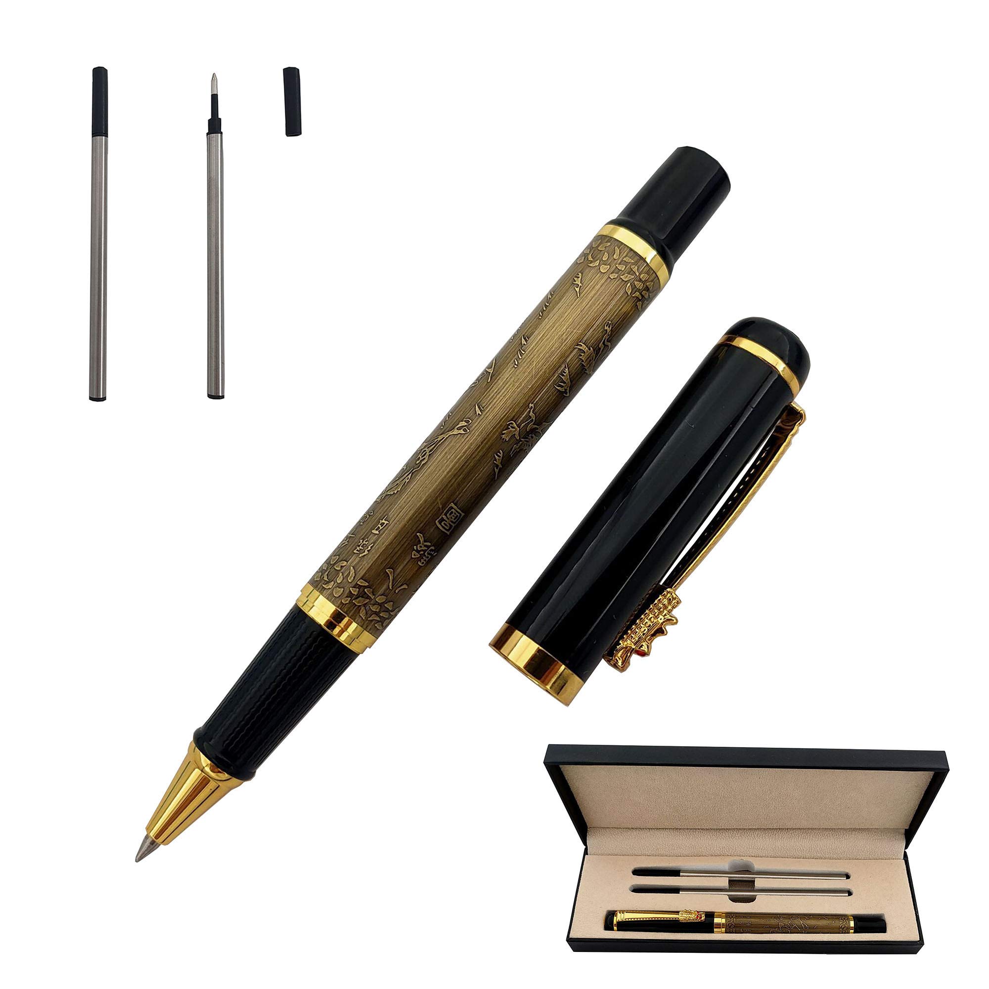 Accod Rollerball Pen Business Signature Pen Durable Office Pen with Two 0.5mm Black Refills Gift Box Smooth Writing(Yellow)