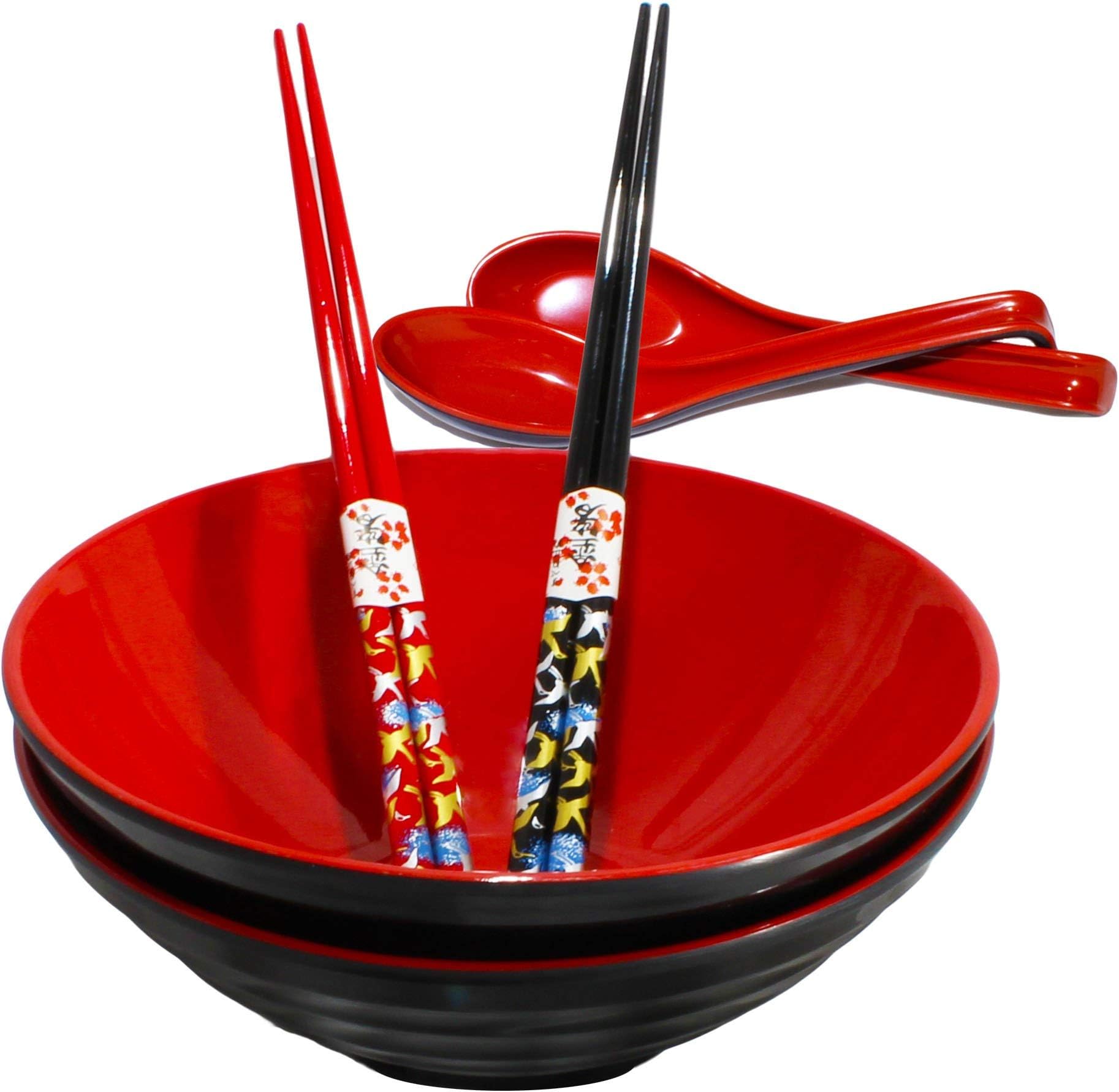 Chef Miso Set of 2 Large Melamine Noodle Soup Bowls Spoons and Bamboo Chopsticks