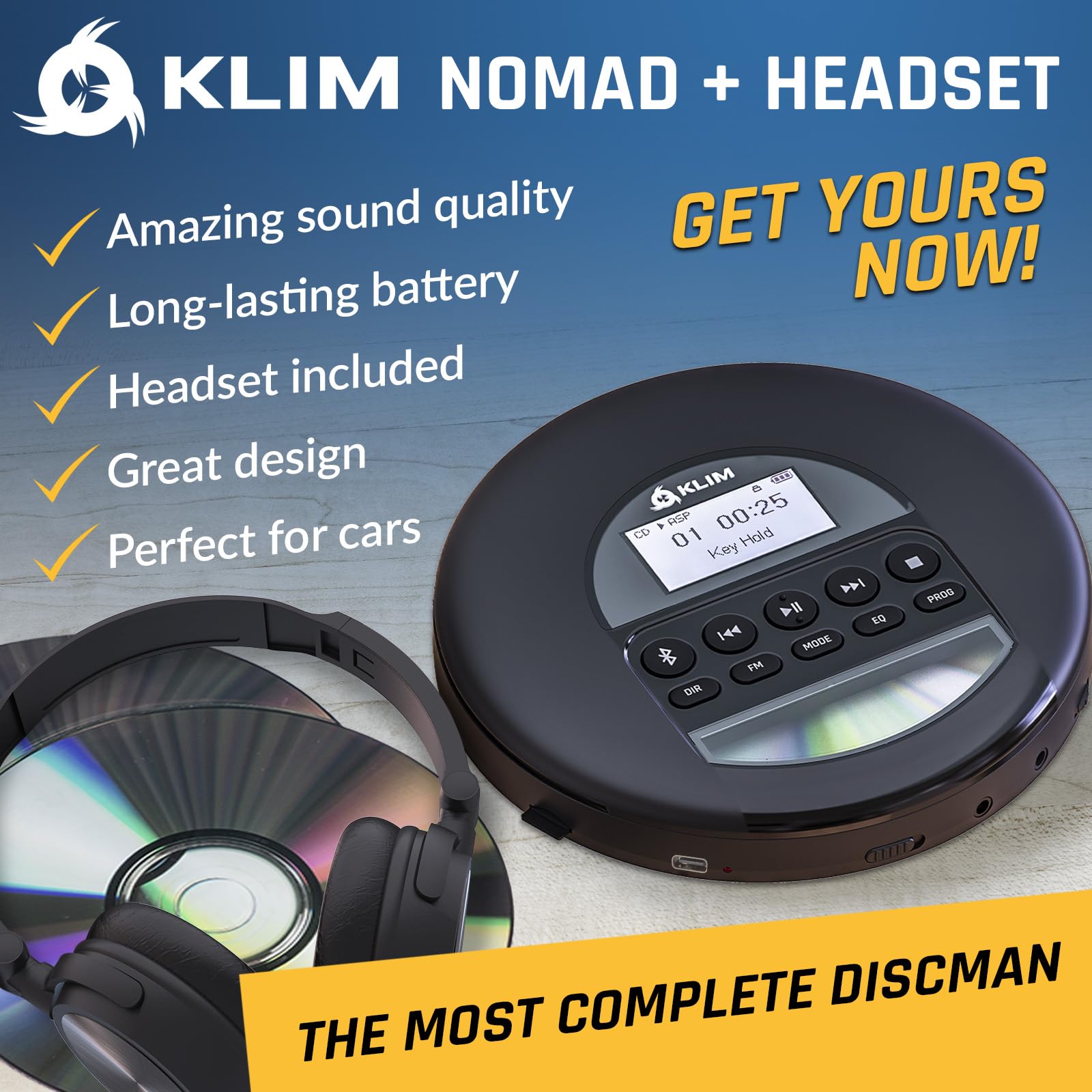 KLIM Nomad with Headset - New Version - Portable CD Player Walkman with Long-Lasting Battery - Radio FM - Compatible MP3 CD Player Portable - TF Card Radio FM Bluetooth - Ideal for Cars - Black