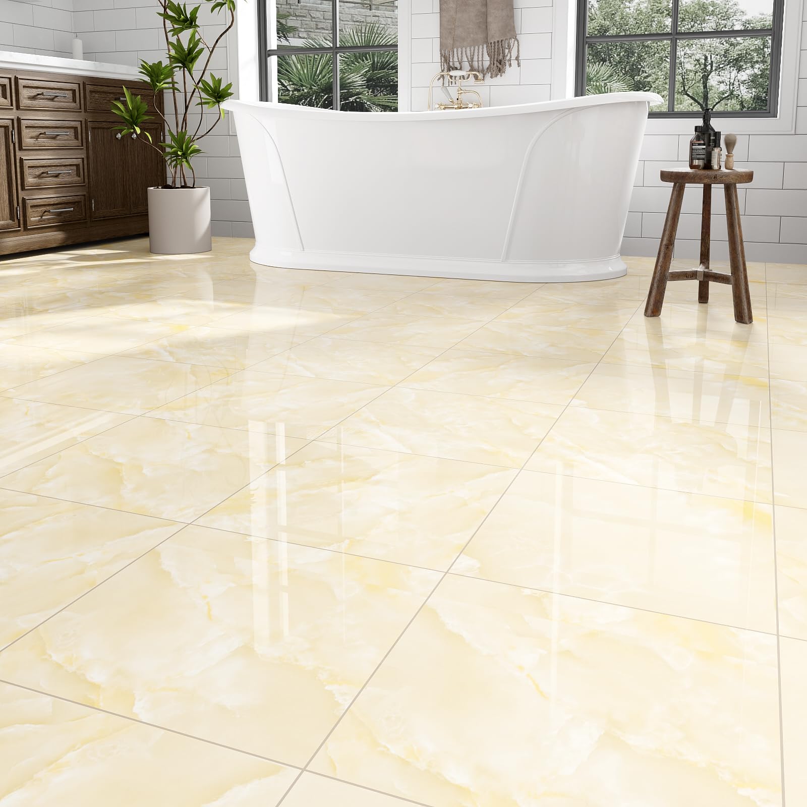 Photo 1 of 10-Pack Peel and Stick Floor Tiles Vinyl Floor 12 x 12 inch Self Adhesive Waterproof Flooring Planks DIY for Bathroom, Kitchen, Living Room, RV, Cover 10 Sq. Ft, Polish Ivory Beige Marble