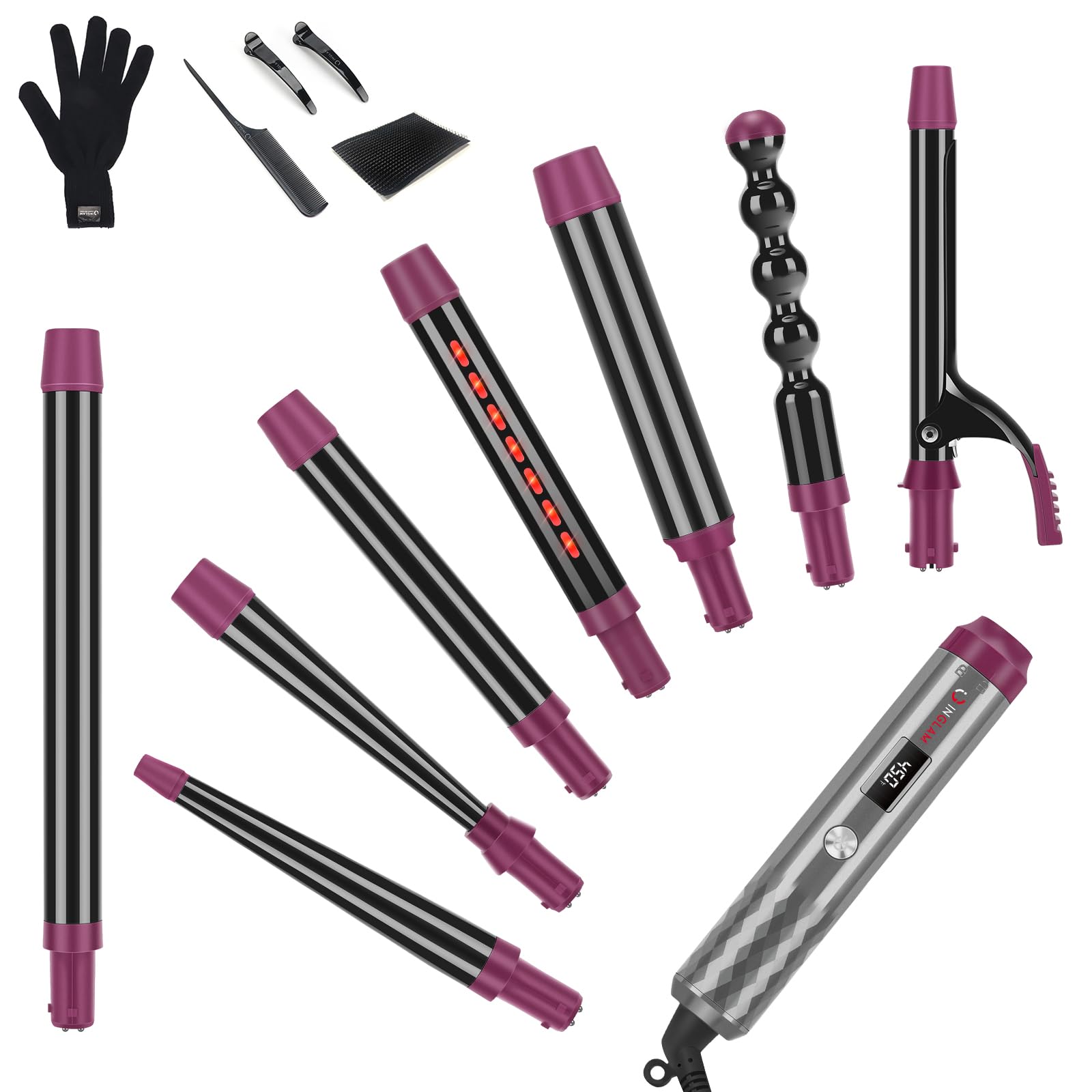 Photo 1 of IG INGLAM Curling Iron Wand Set, 8 in-1 Interchangeable Ceramic Barrels with Infrared, Cucurbit, Tapered, Extended, 1in, 1 1/4 in, 3/4in Barrels and Clips
