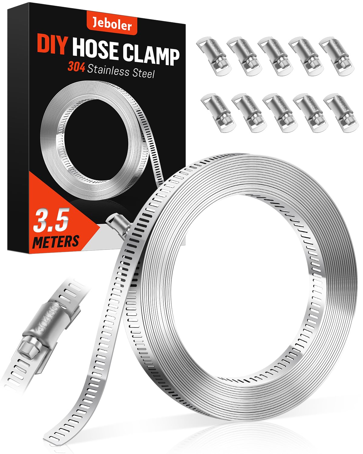 3.5 Metre Hose Clamps, Jeboler 304 Stainless Steel Hose Clamp, Hole Tape, Metal with 10 Pieces Attachment, DIY Hose Tie Set, Hose Clamp for Pool, Washing Machine, Cooler and Garden